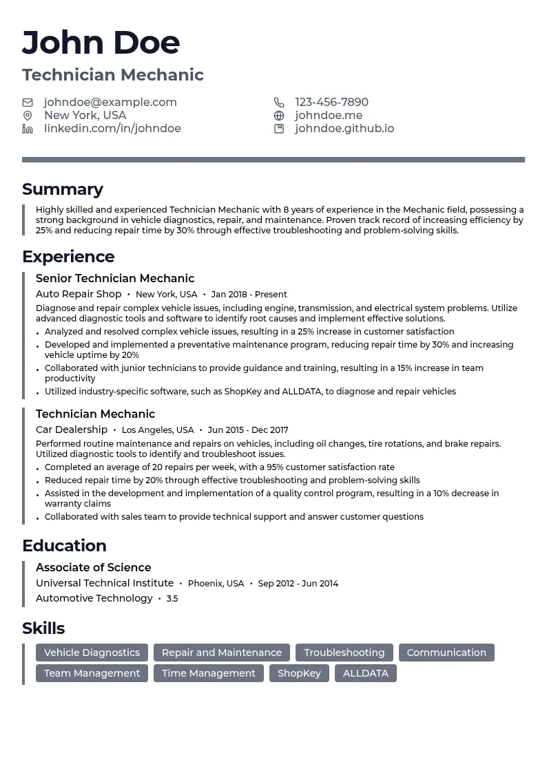 Technician Mechanic resume example