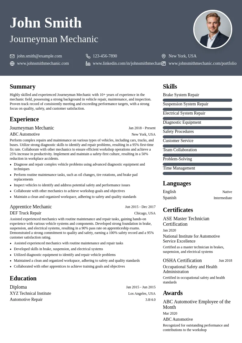 Journeyman Mechanic resume example