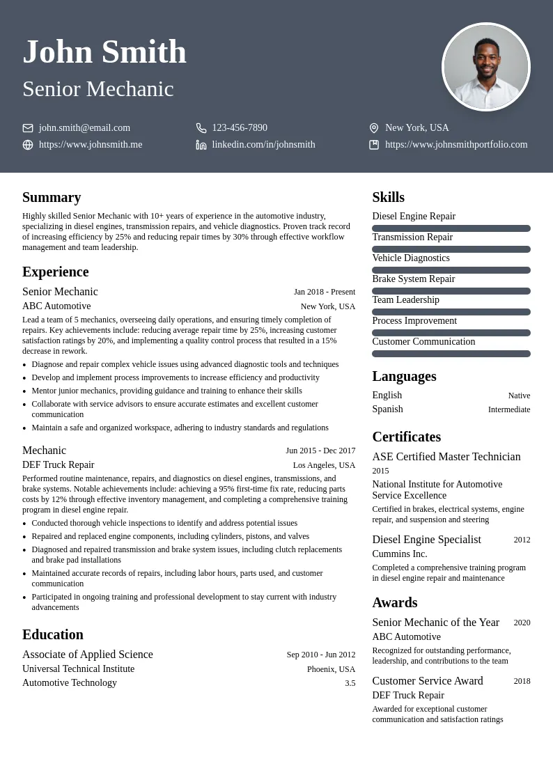 Senior Mechanic resume example