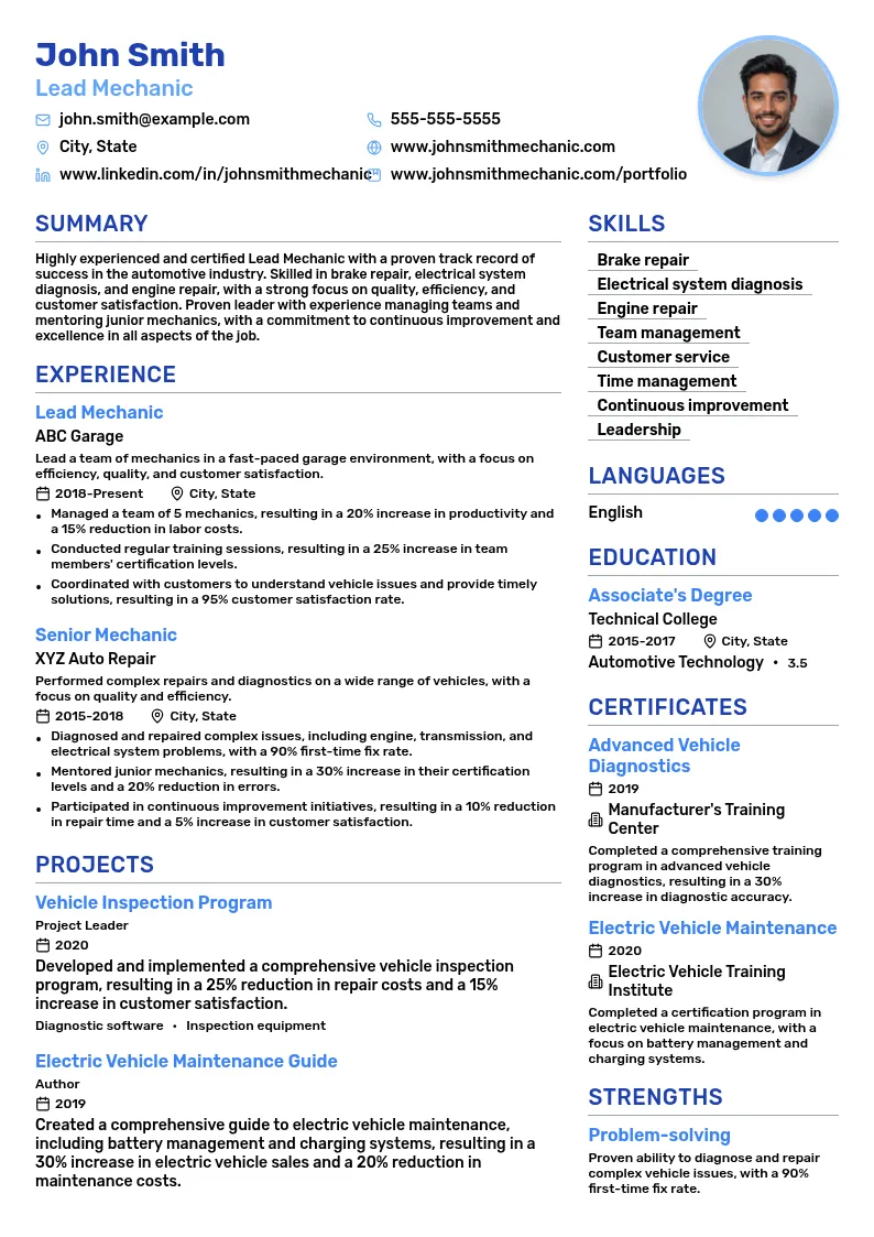 Lead Mechanic resume example
