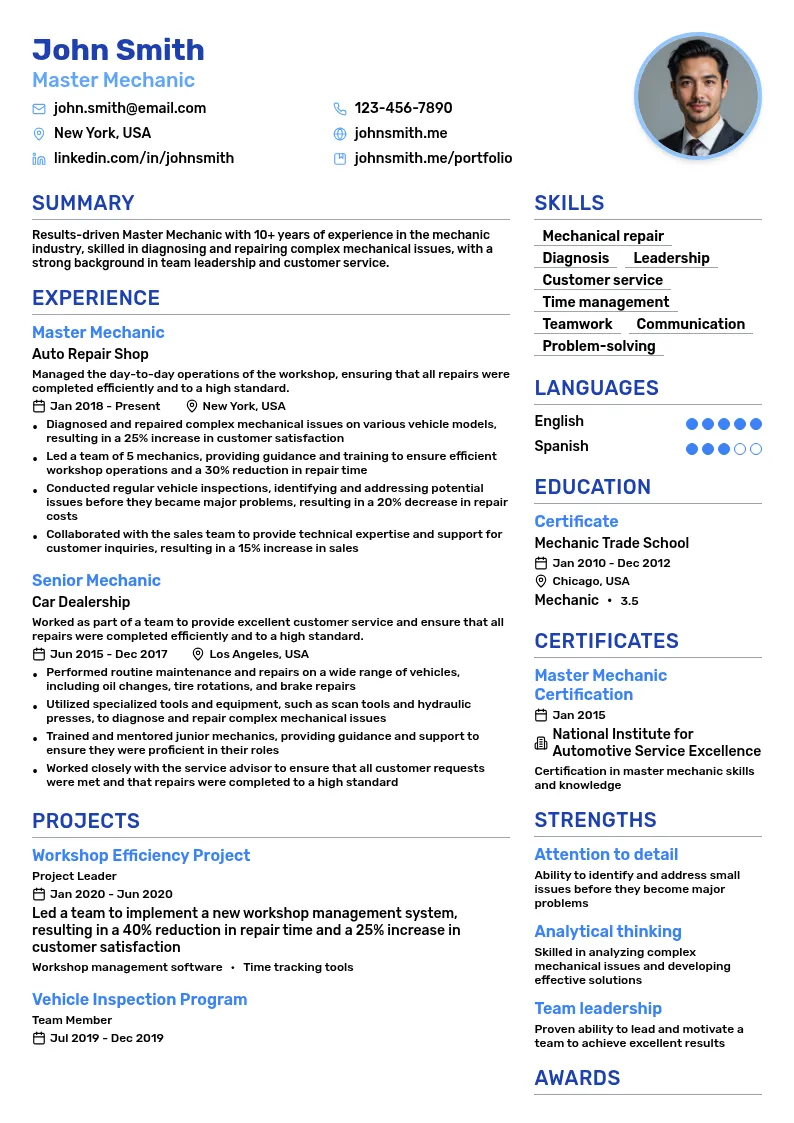 Master Mechanic resume example
