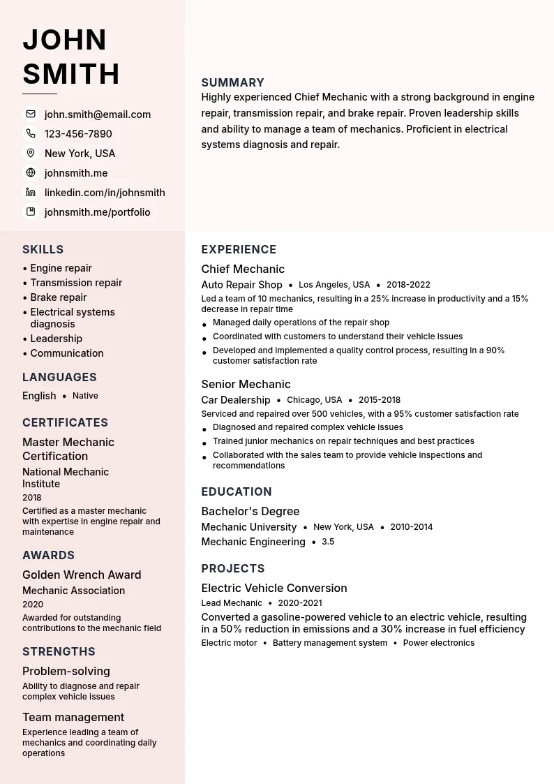 Chief Mechanic resume example
