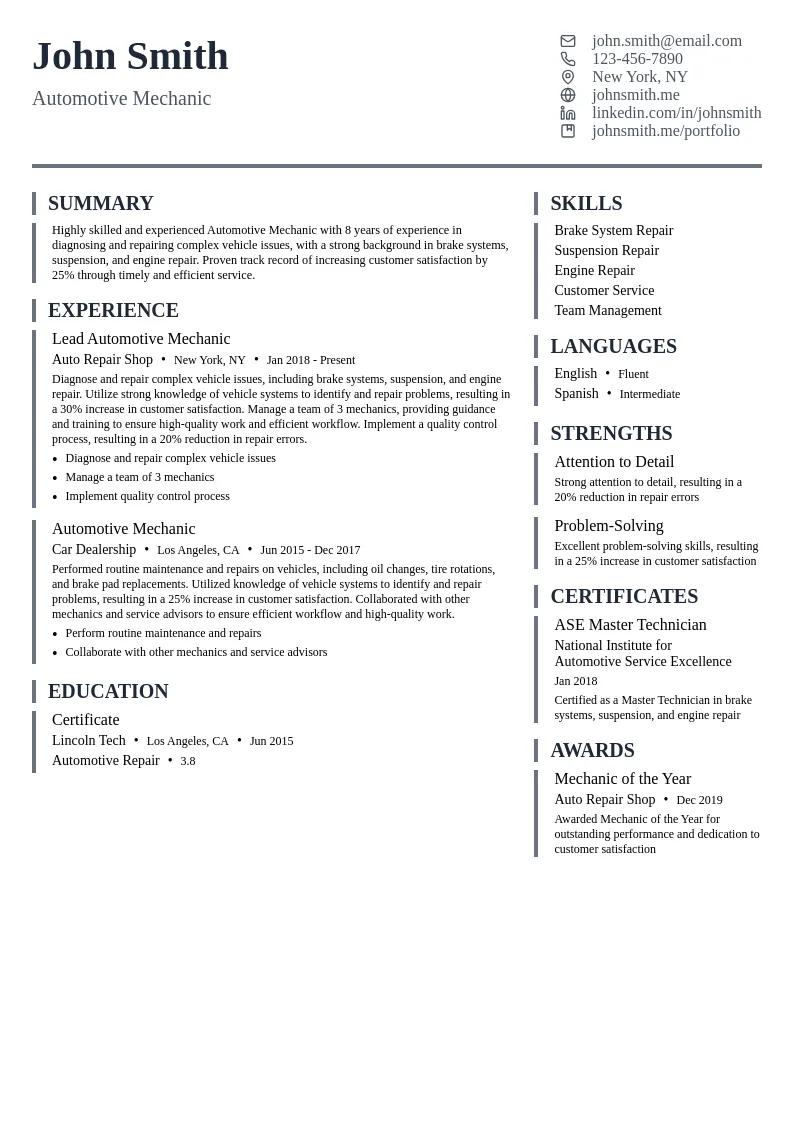 Automotive Mechanic resume example