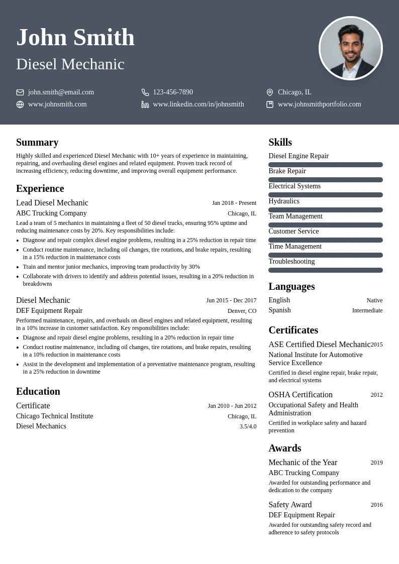 Diesel Mechanic resume example
