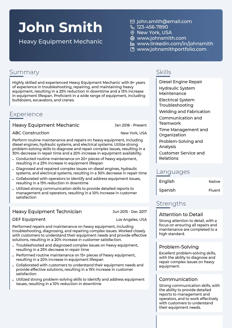 Heavy Equipment Mechanic resume example
