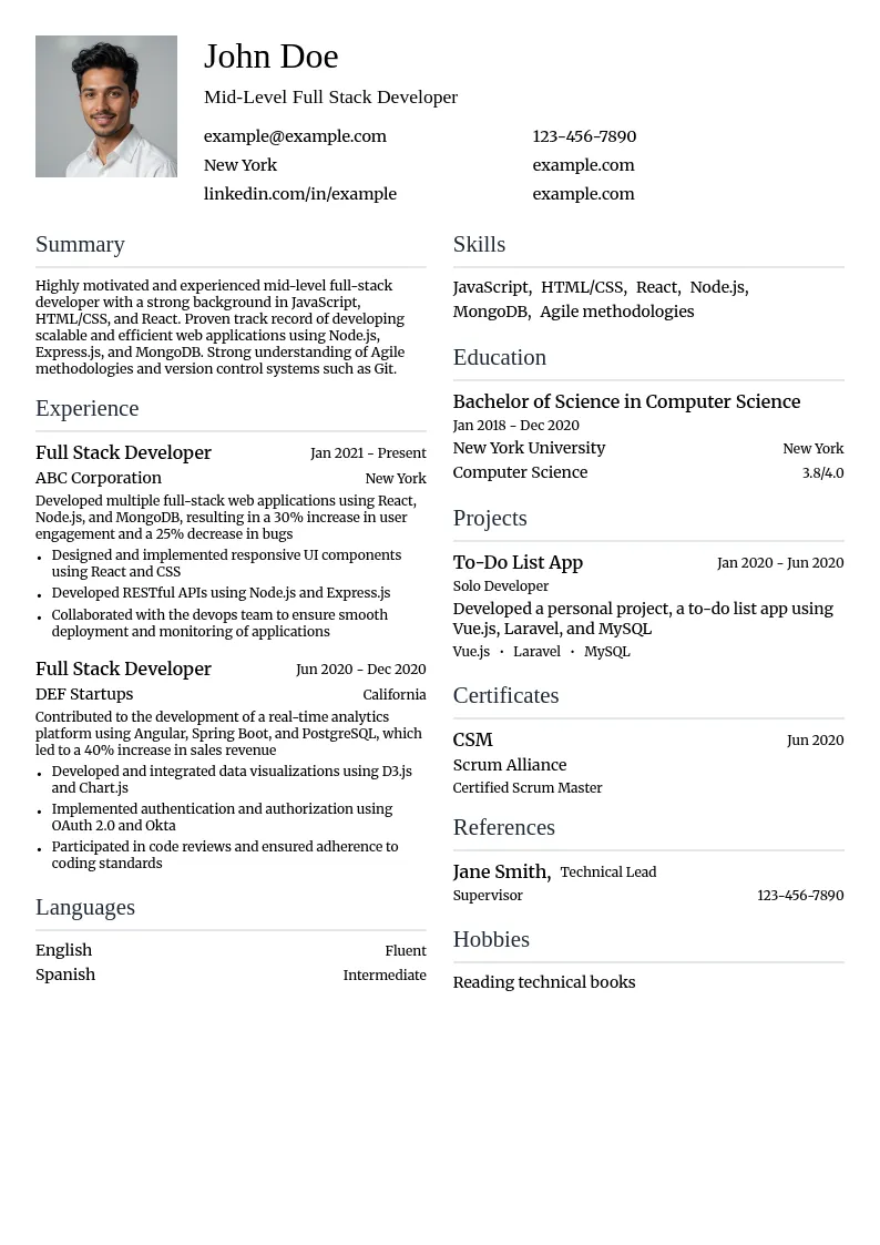 Mid-Level Full Stack Developer resume example