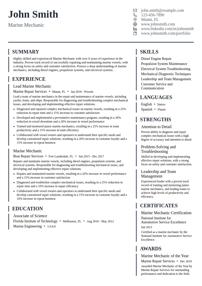 Marine Mechanic resume example