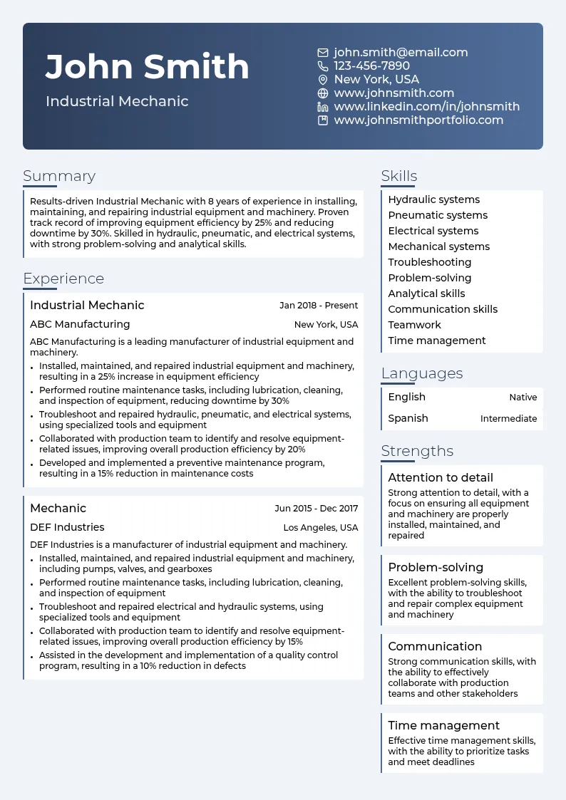 Industrial Mechanic resume example