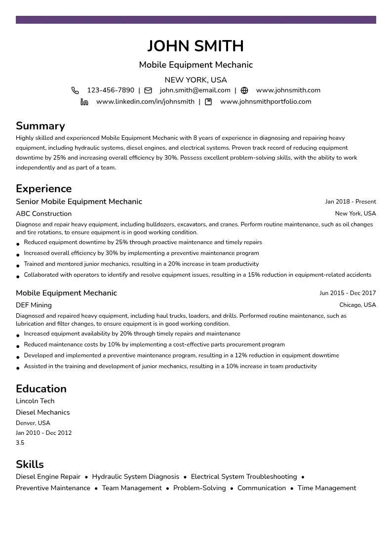 Mobile Equipment Mechanic resume example