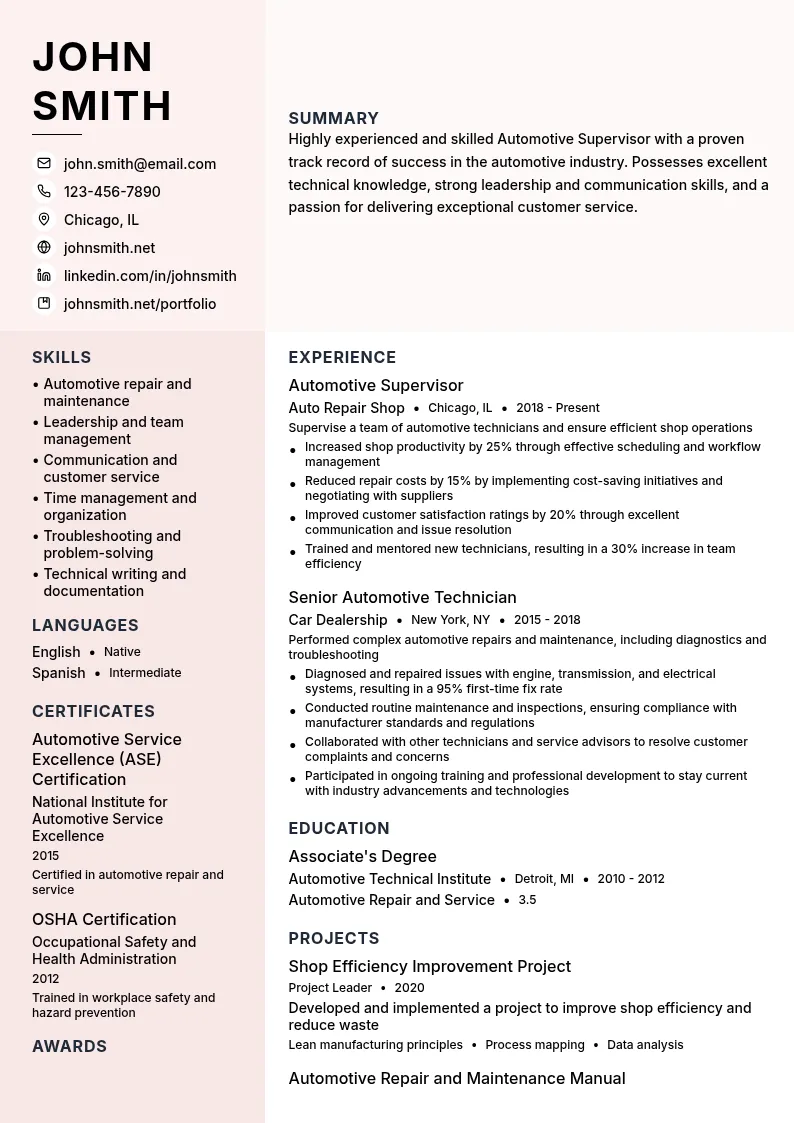 Automotive Supervisor resume example