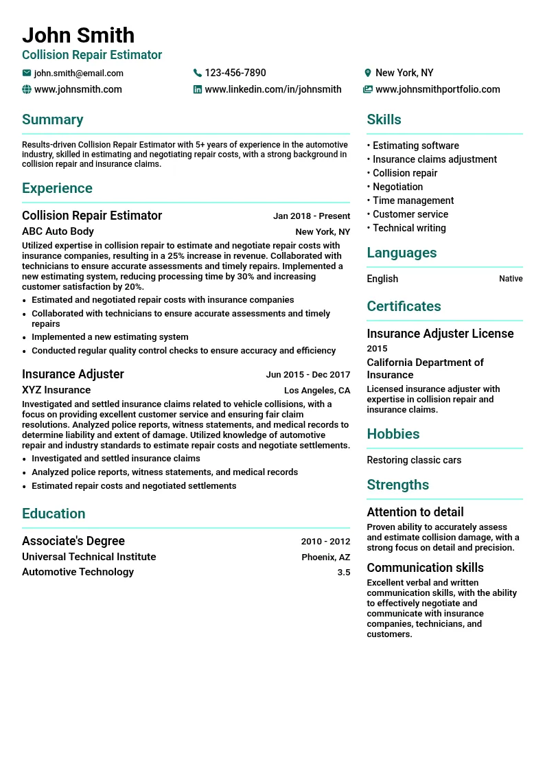 Collision Repair Estimator resume example
