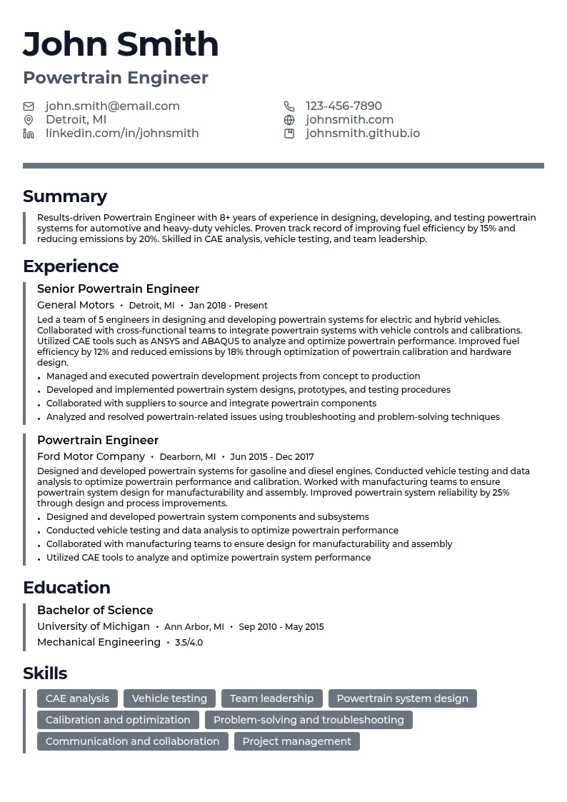 Powertrain Engineer resume example