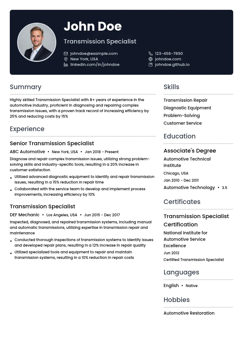 Transmission Specialist resume example