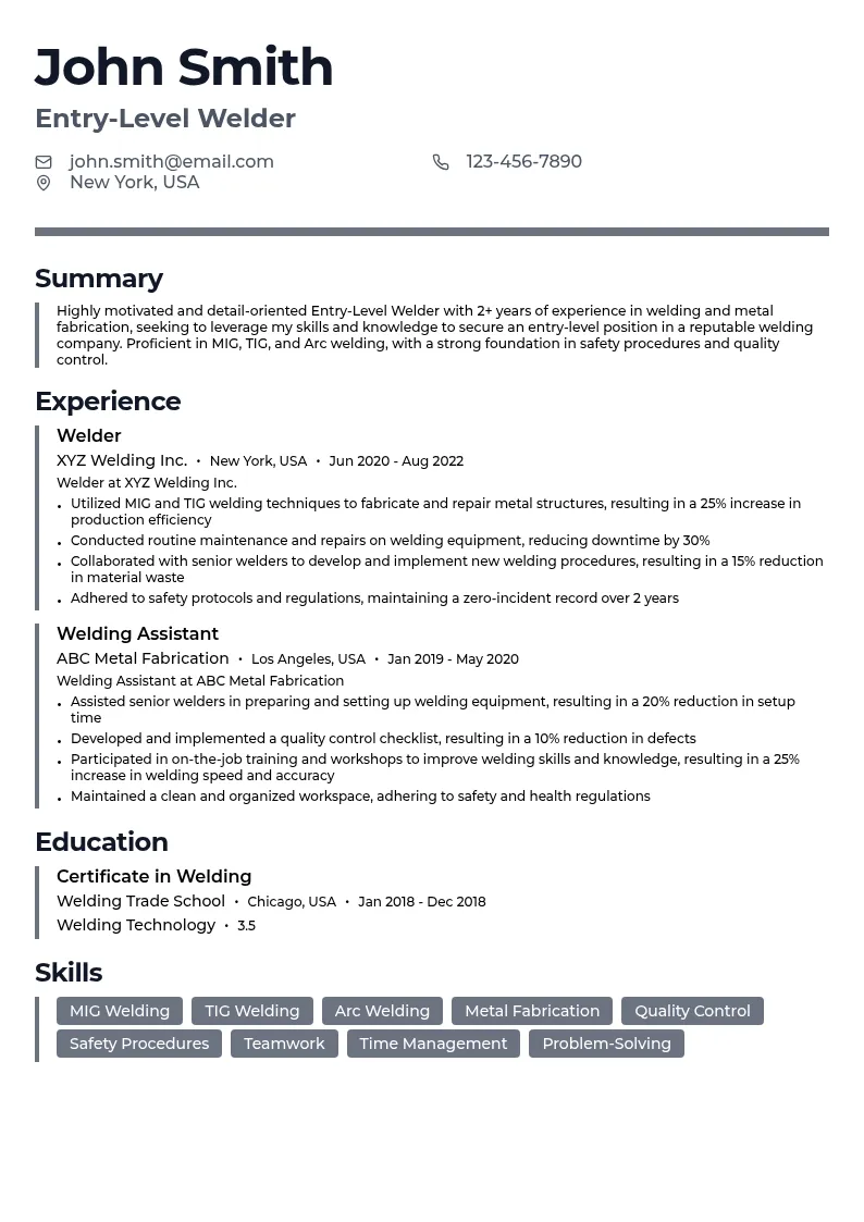Entry-Level Welder resume example