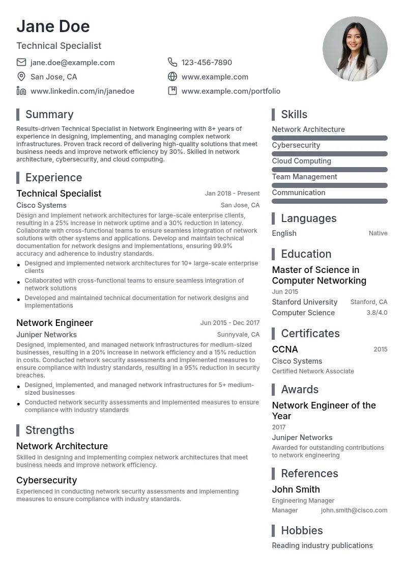 Technical Specialist in Network Engineering resume example