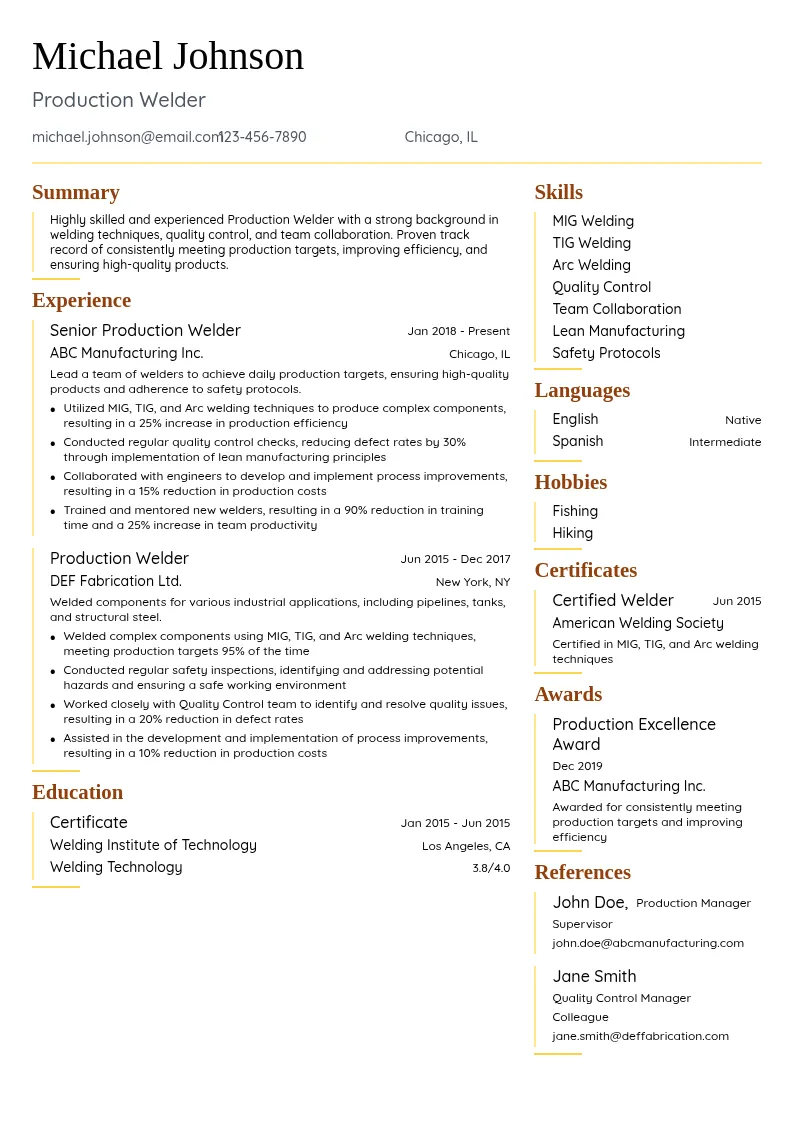 Production Welder resume example
