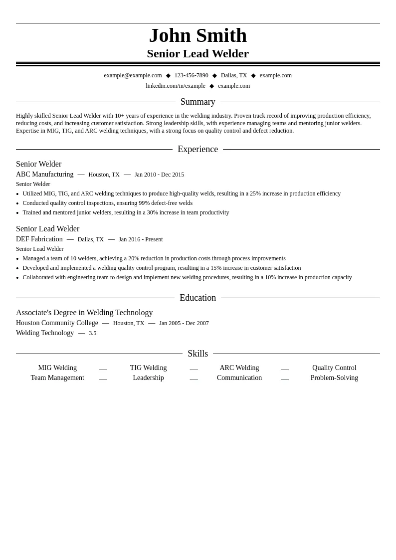 Senior Lead Welder resume example