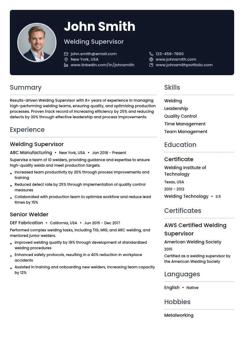 Welding Supervisor resume example