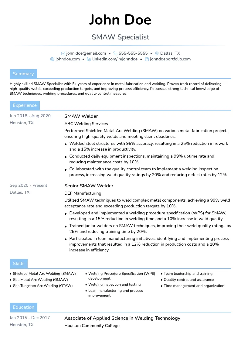 Shielded Metal Arc Welding (SMAW) Specialist resume example