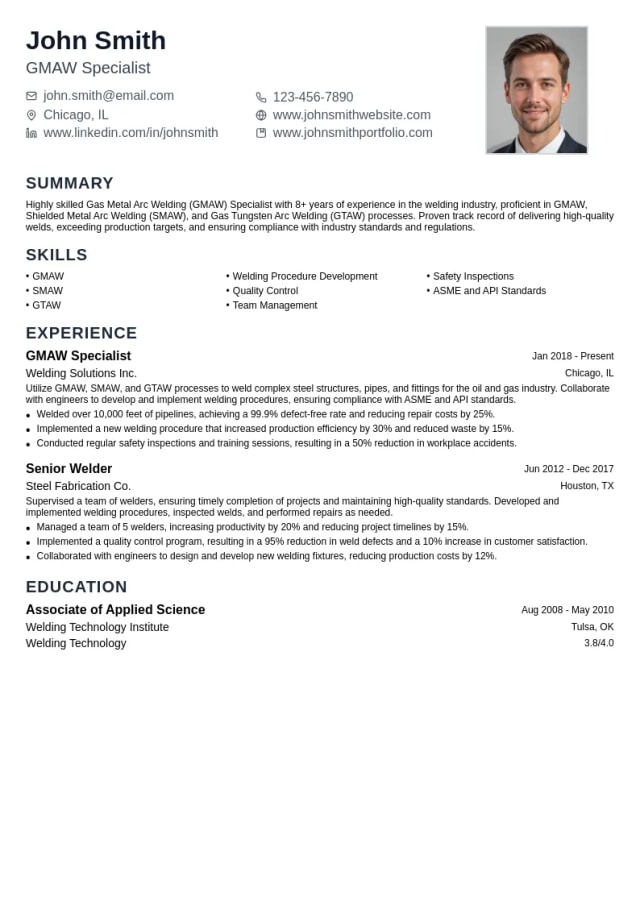 Gas Metal Arc Welding (GMAW) Specialist resume example