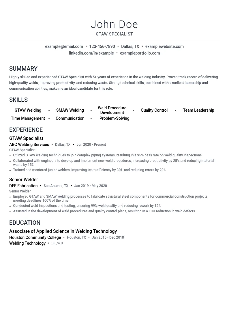 Gas Tungsten Arc Welding (GTAW) Specialist resume example