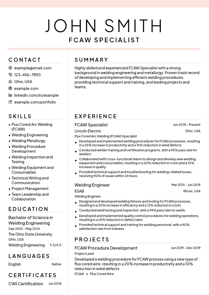 Flux Cored Arc Welding (FCAW) Specialist resume example