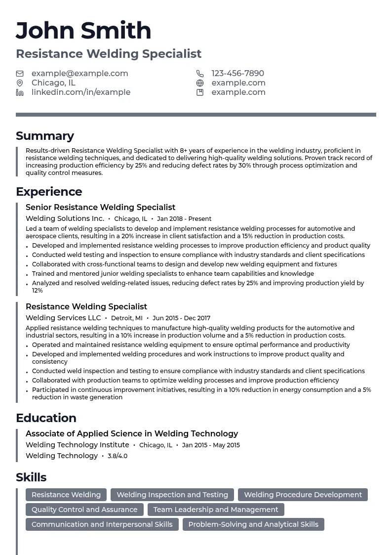 Resistance Welding Specialist resume example