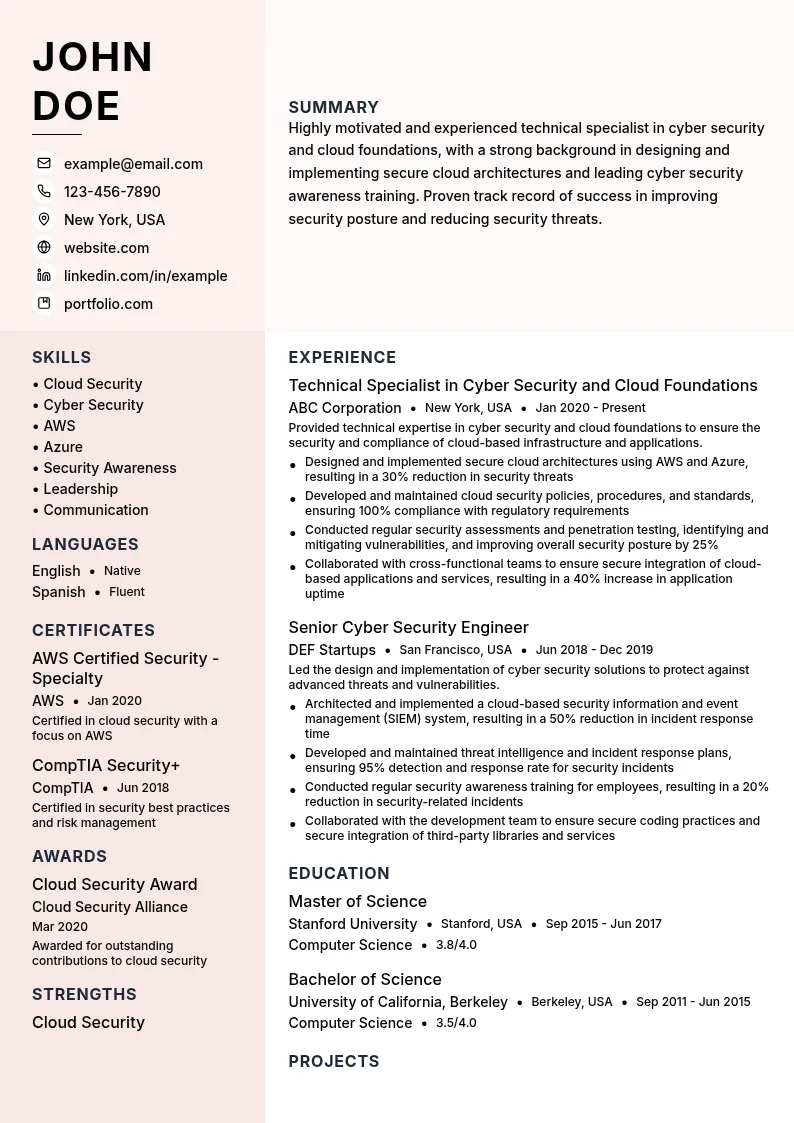 Technical Specialist in Cyber Security and Cloud Foundations resume example