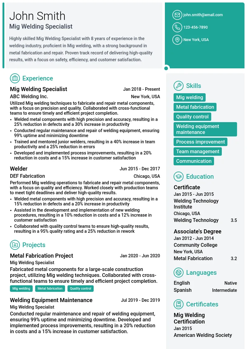 Mig Welding Specialist resume example