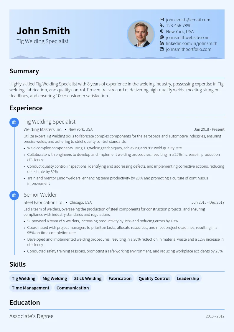 Tig Welding Specialist resume example