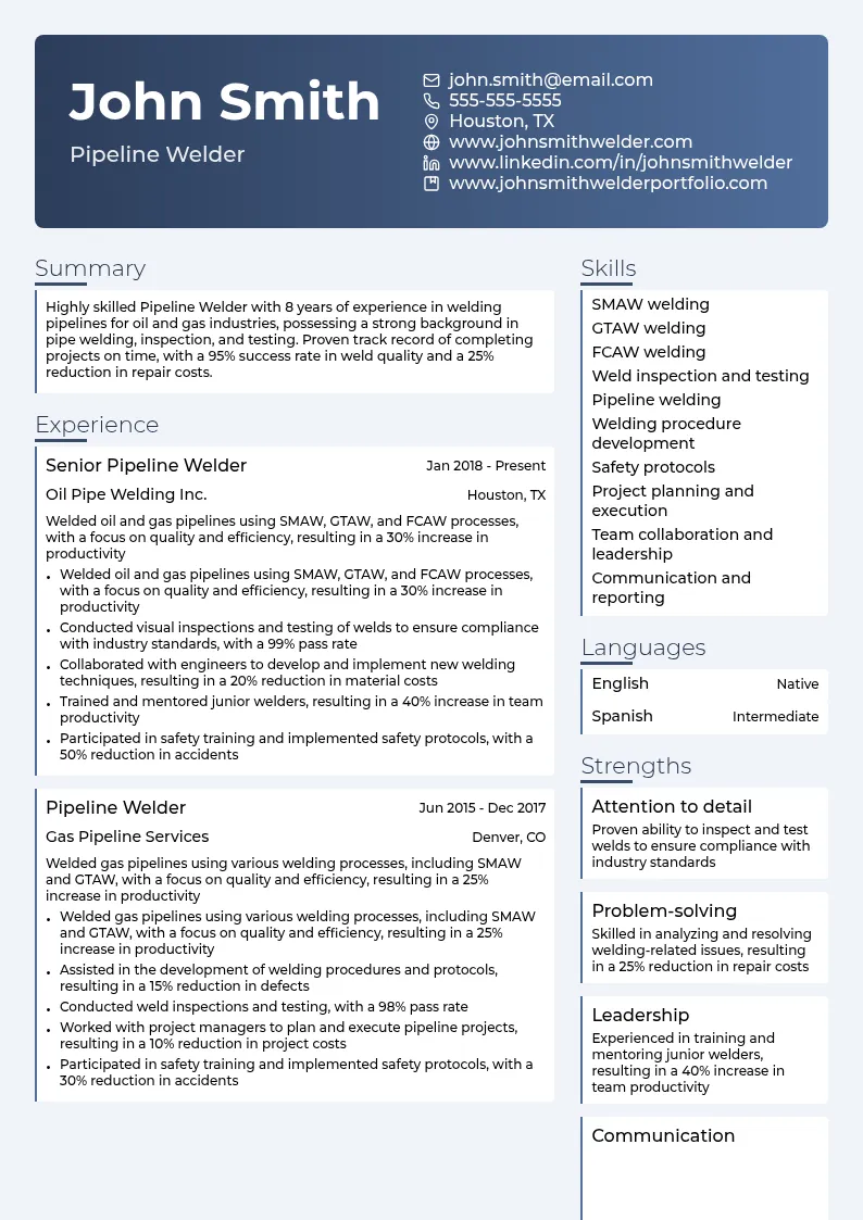 Pipeline Welder resume example