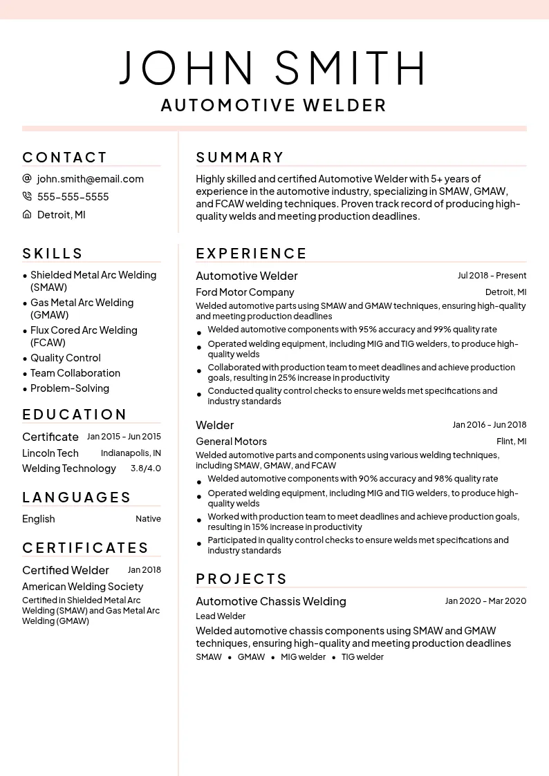 Automotive Welder resume example