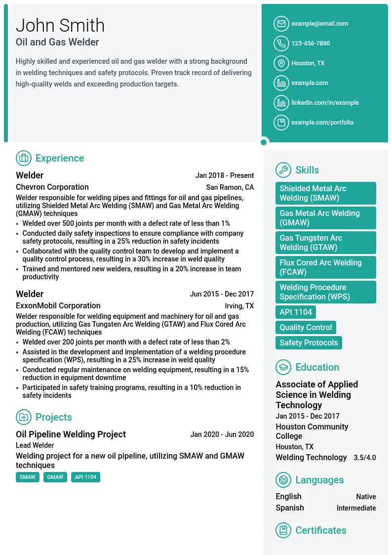 Oil and Gas Welder resume example