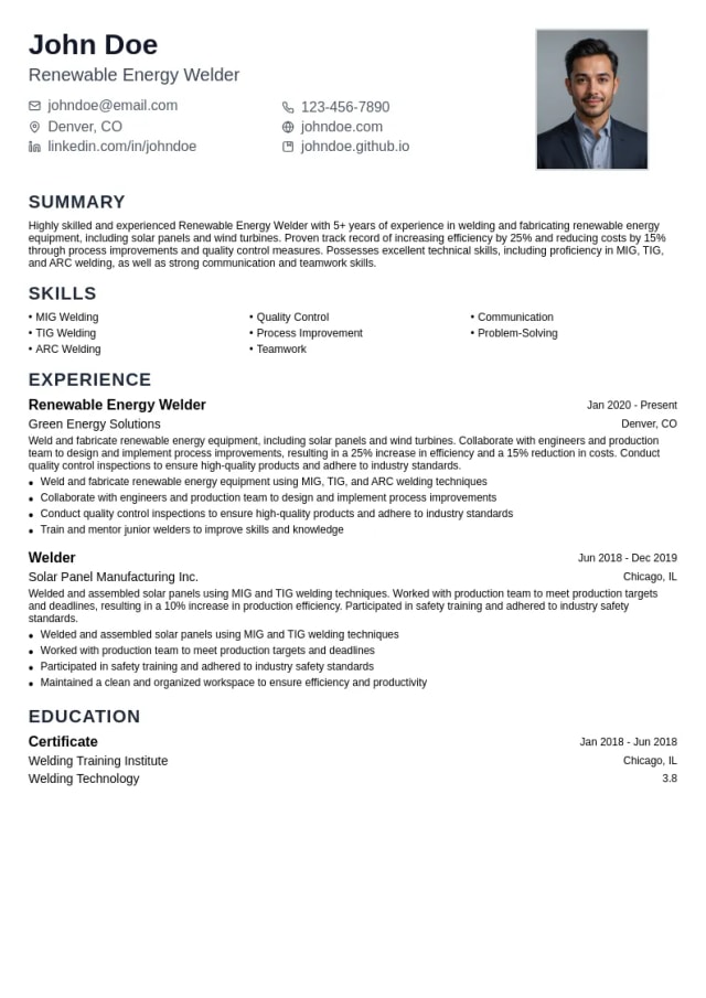 Renewable Energy Welder resume example