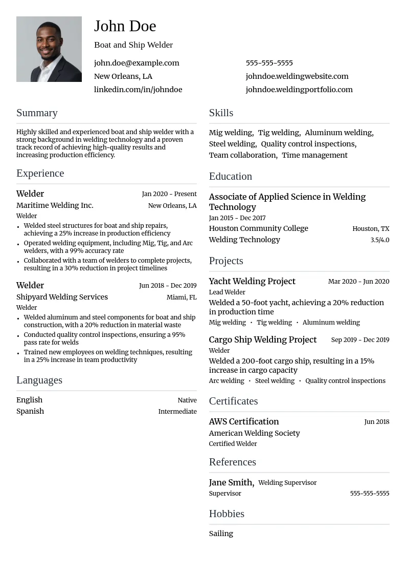 Boat and Ship Welder resume example