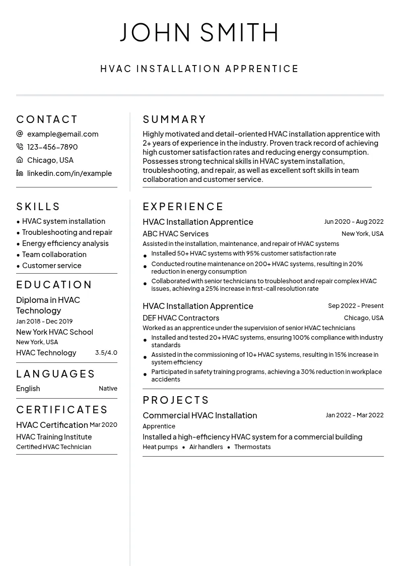 HVAC Installation Apprentice resume example
