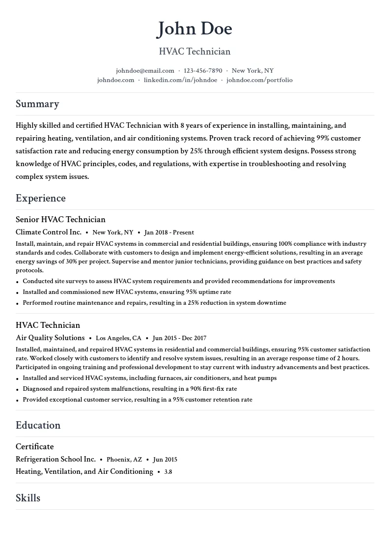 HVAC Technician resume example