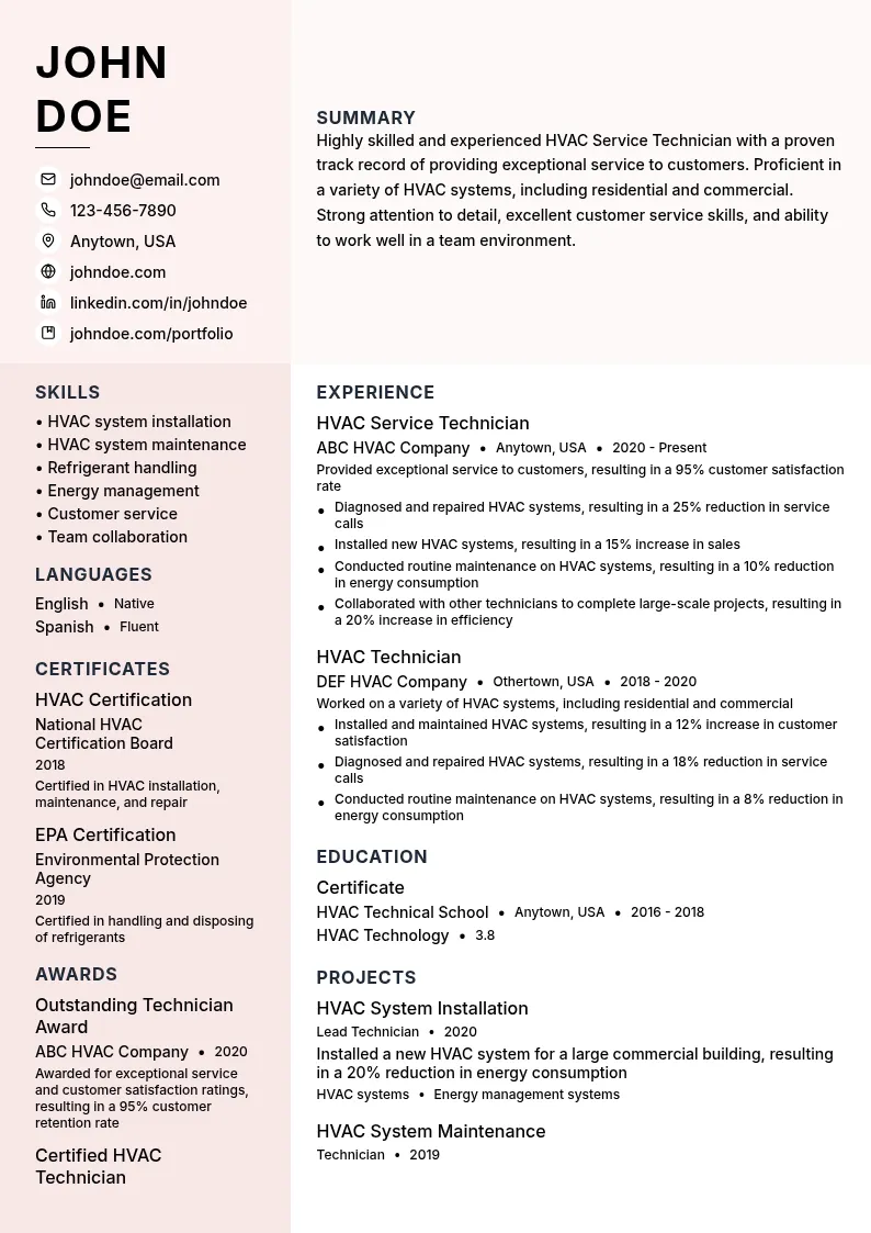 HVAC Service Technician resume example