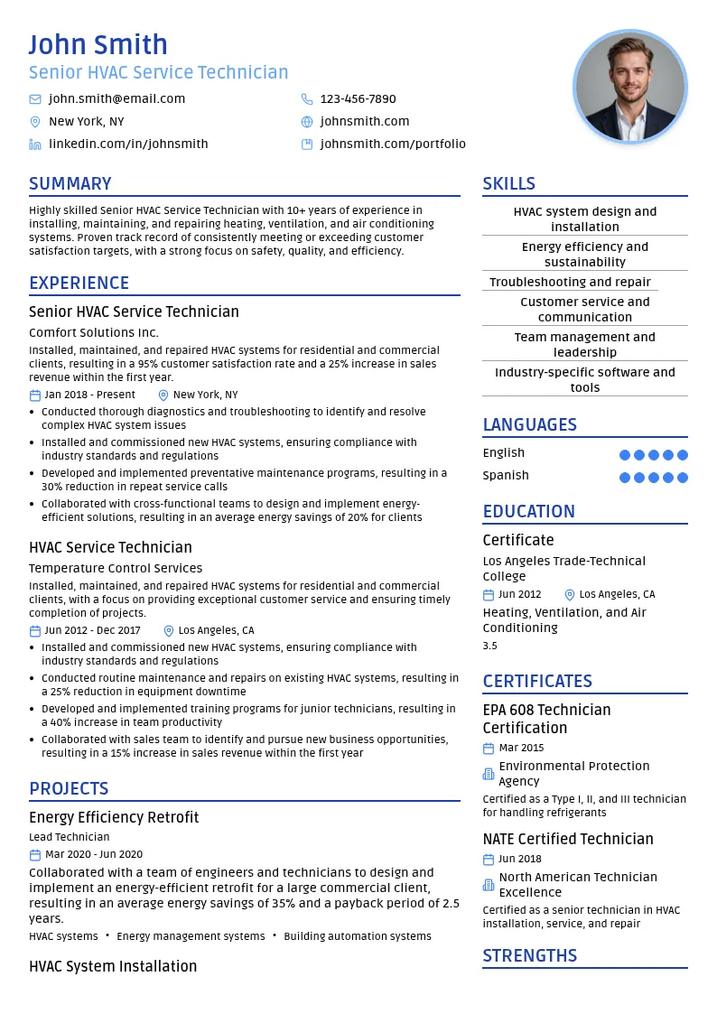 Senior HVAC Service Technician resume example