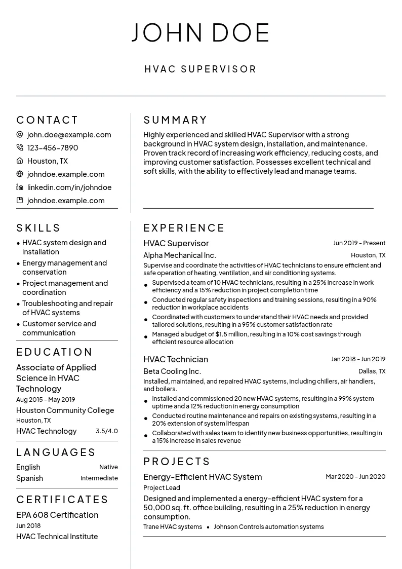 HVAC Supervisor resume example