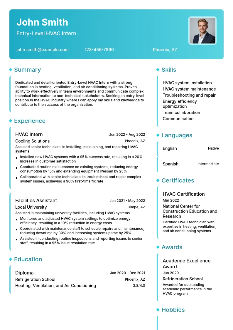 Entry-Level HVAC Intern resume example
