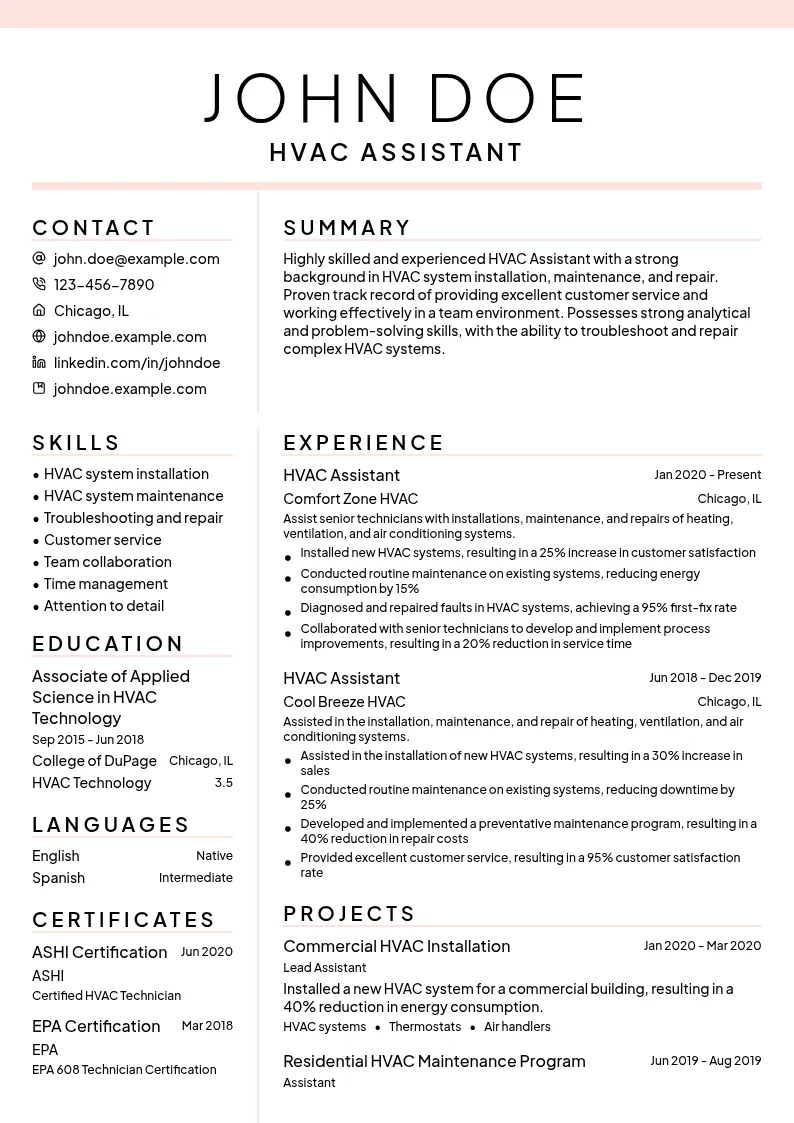 HVAC Assistant resume example