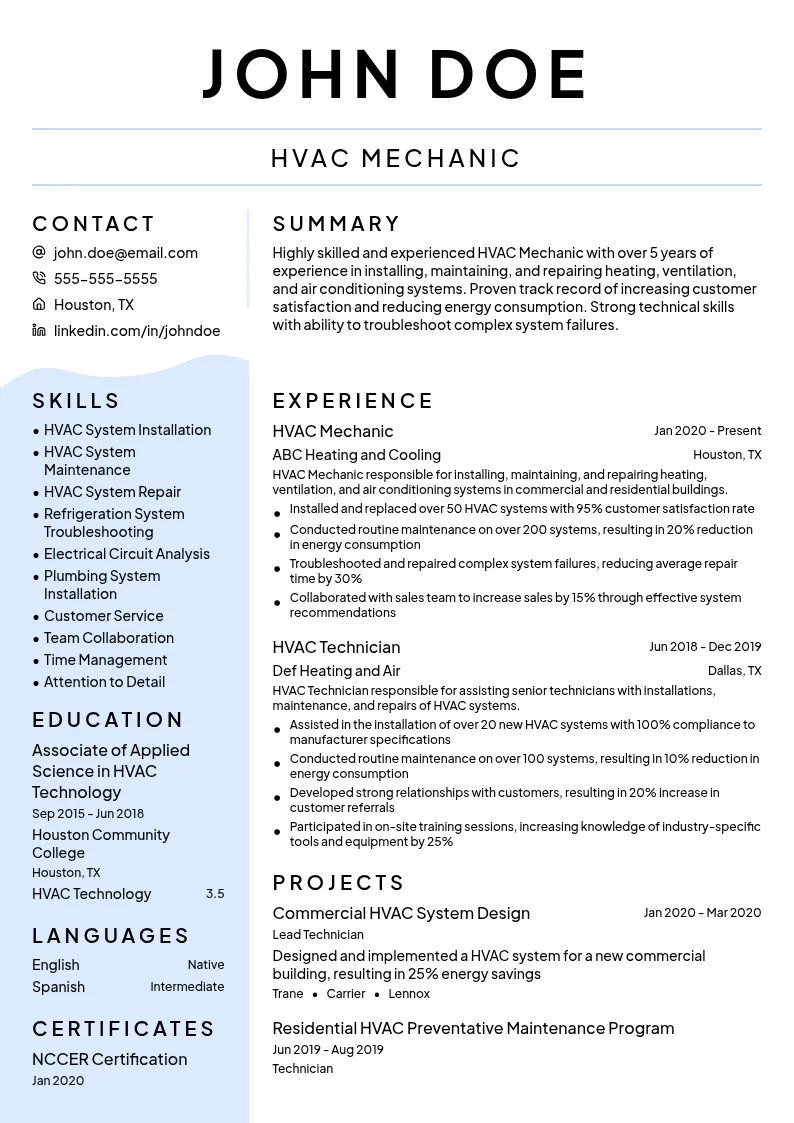 HVAC Mechanic resume example
