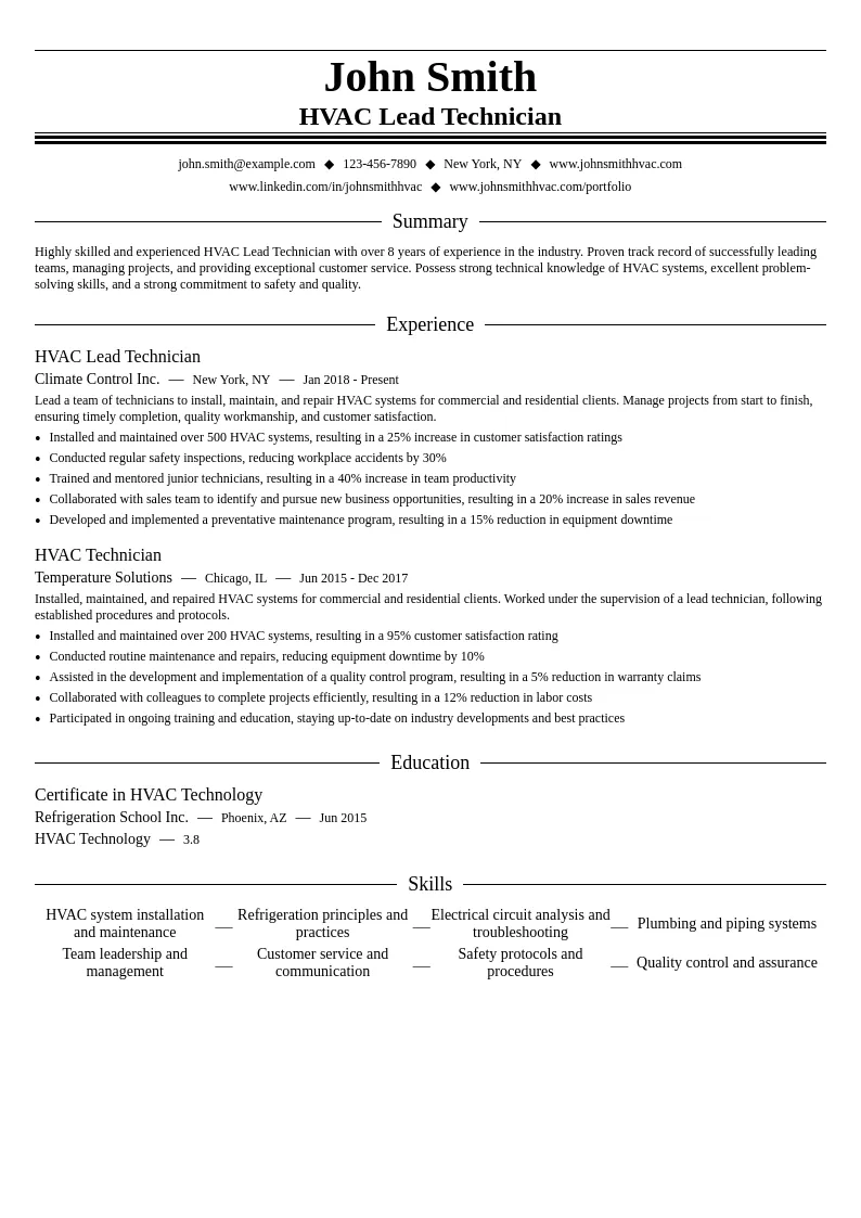 HVAC Lead Technician resume example