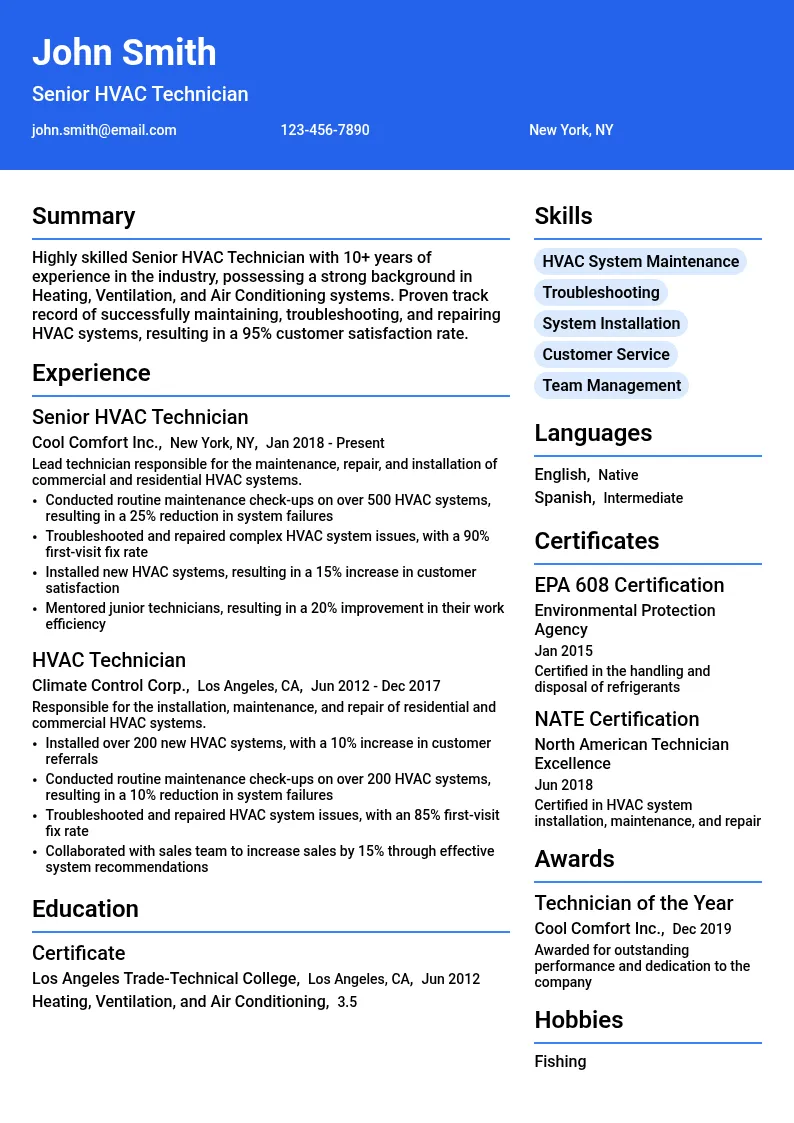 Senior HVAC Technician resume example