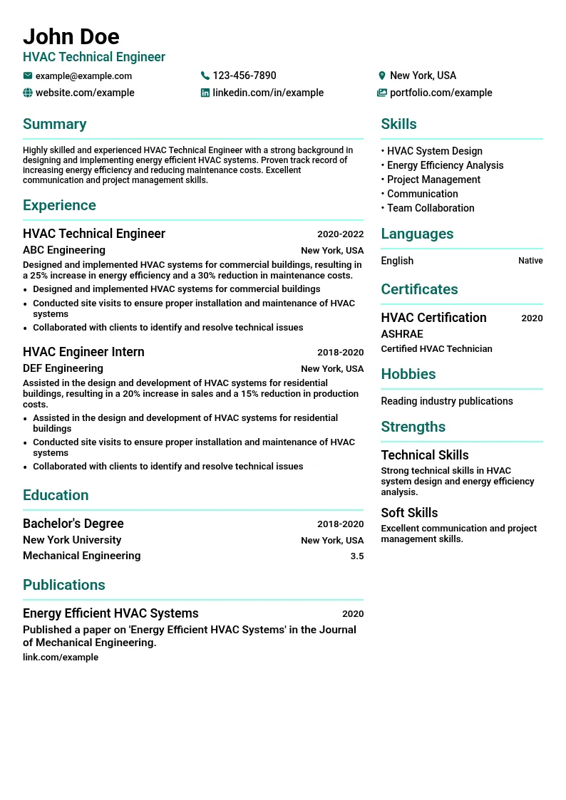 HVAC Technical Engineer resume example