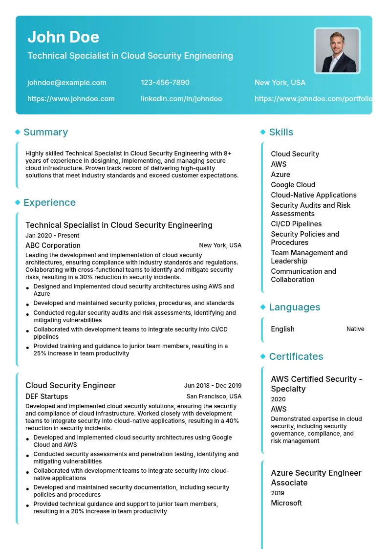 Technical Specialist in Cloud Security Engineering resume example
