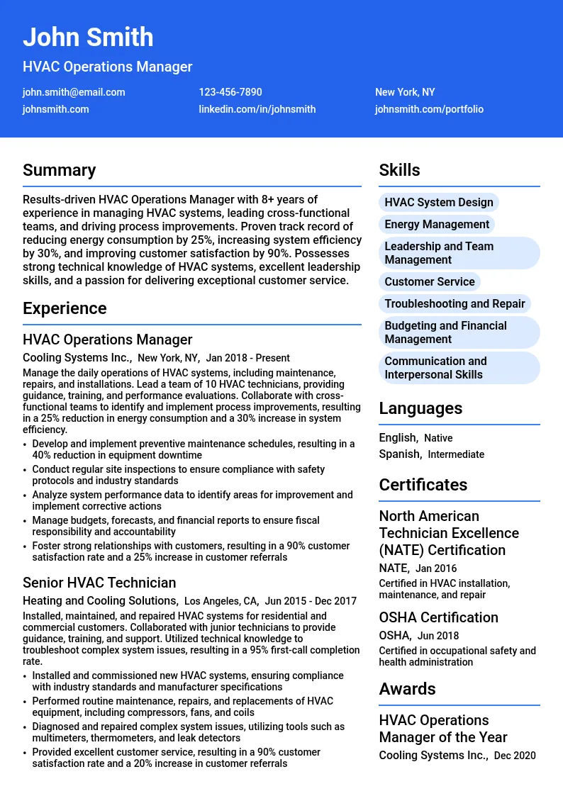 HVAC Operations Manager resume example