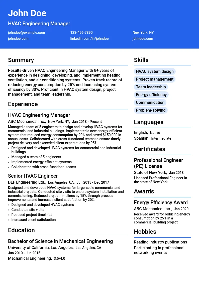 HVAC Engineering Manager resume example