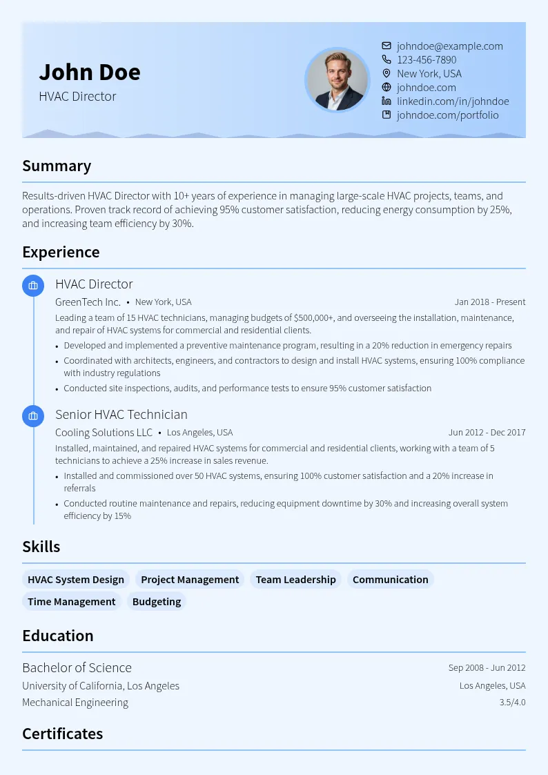 HVAC Director resume example